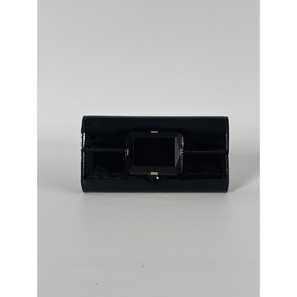 Gucci Black Patent Leather Evening Clutch Bag with Large Crystal Buckle